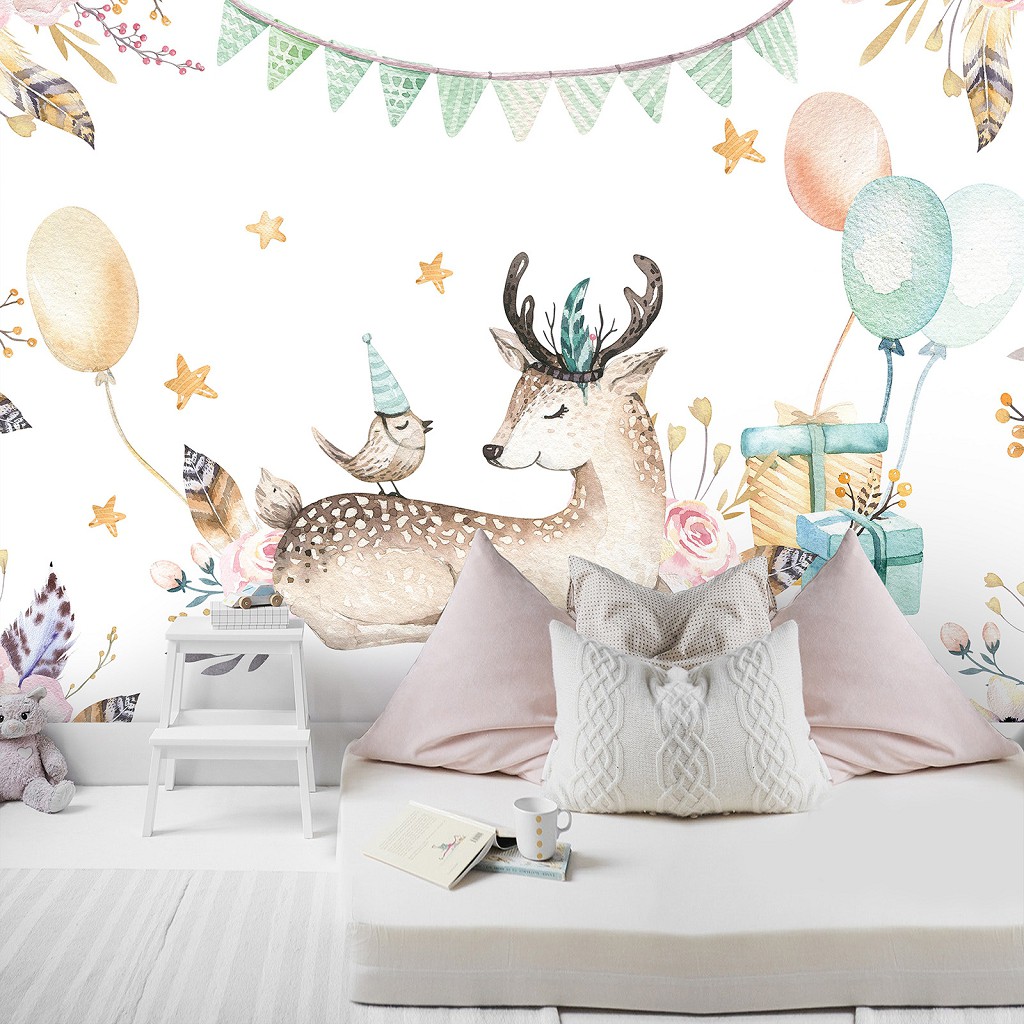 Фото тварин скандинавські акварельні флізелінові фотошпалери 416x290 см Дитячі - Оленя та пташка на святі (13509VEXXXXL)+клей