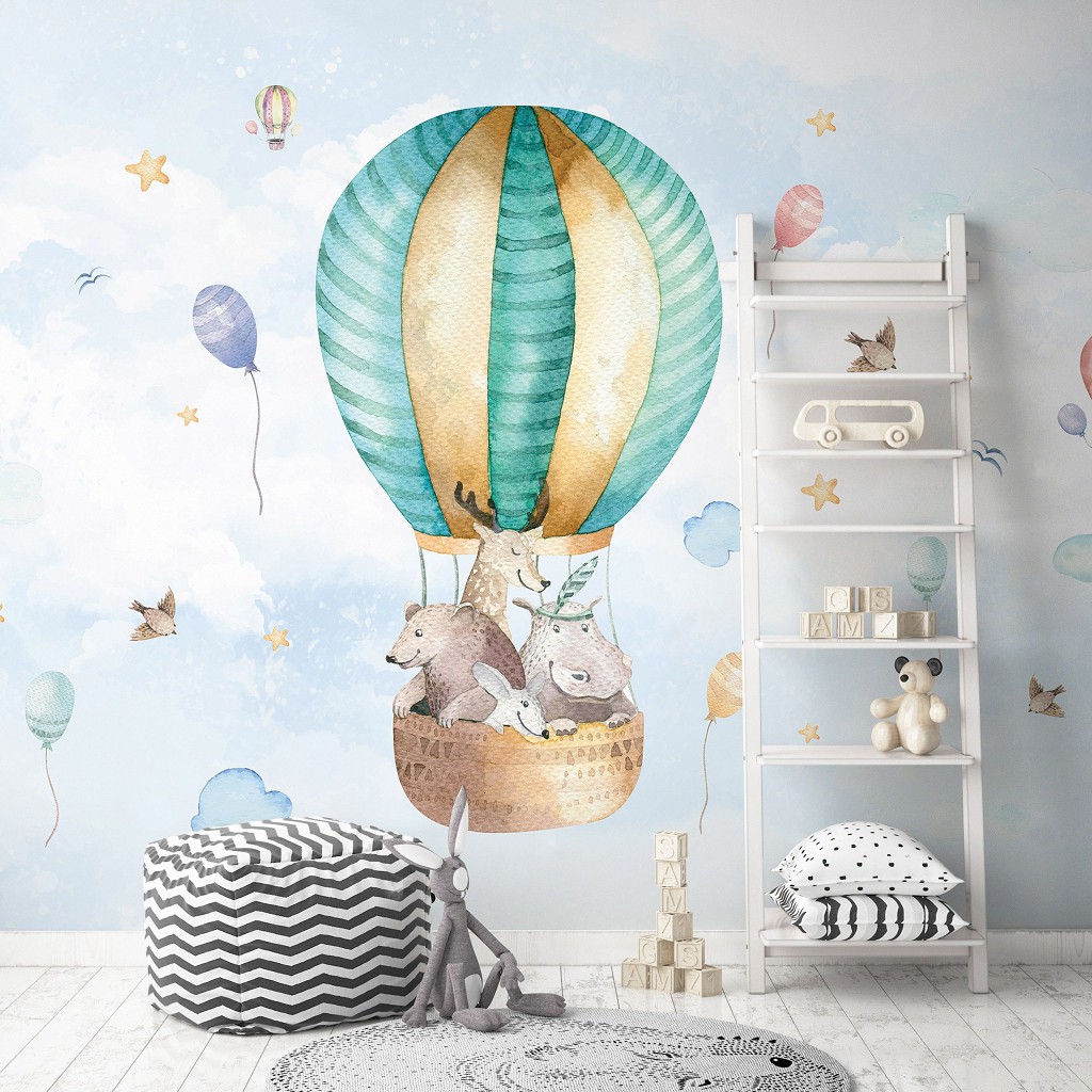 Флізелінові фотошпалери 520x318 см Скандинавські акварельні подорожі Дитячі - Тварини на повітряній кулі (13510VEXXXXXL)+клей