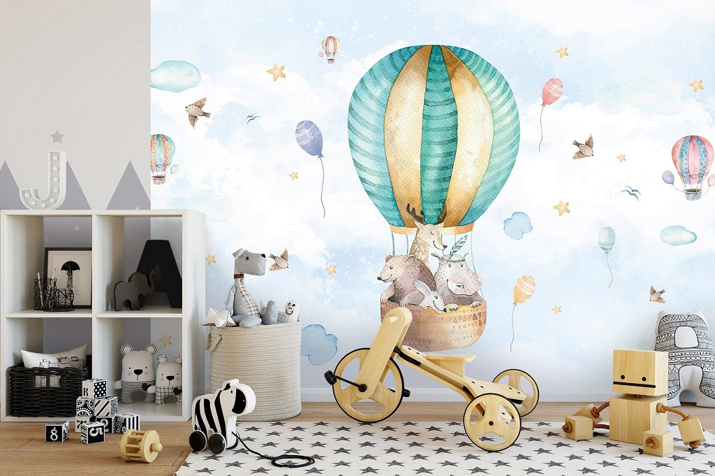 Готові флізелінові фотошпалери 416x254 см Скандинавські акварельні подорожі Дитячі - Тварини на повітряній кулі (13510VEXXXL)+клей