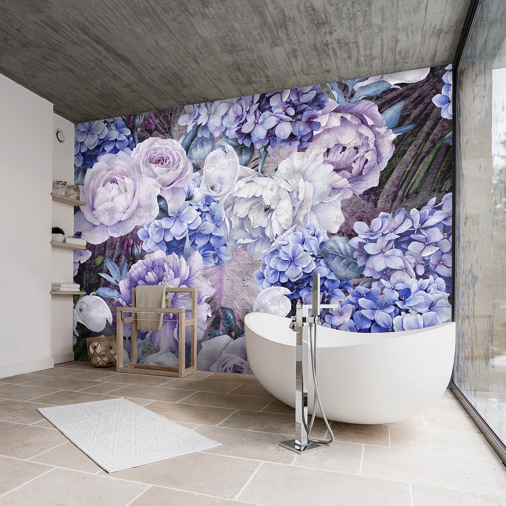 Флизелиновые фотообои для кухни 416 x 254 см цветы фиолетовые пионы гортензии (13514VEXXXL)+клей
