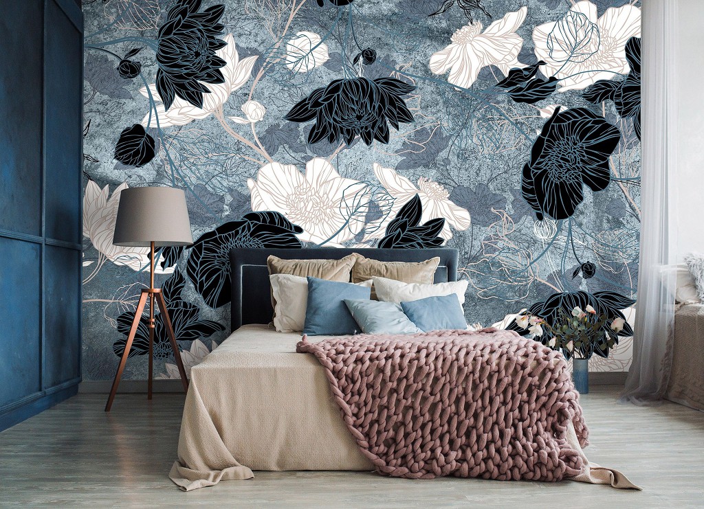 Флизелиновые фото обои цветы 206 x 275 см Нарисованный узор в темных тонах (13522VEA)+клей