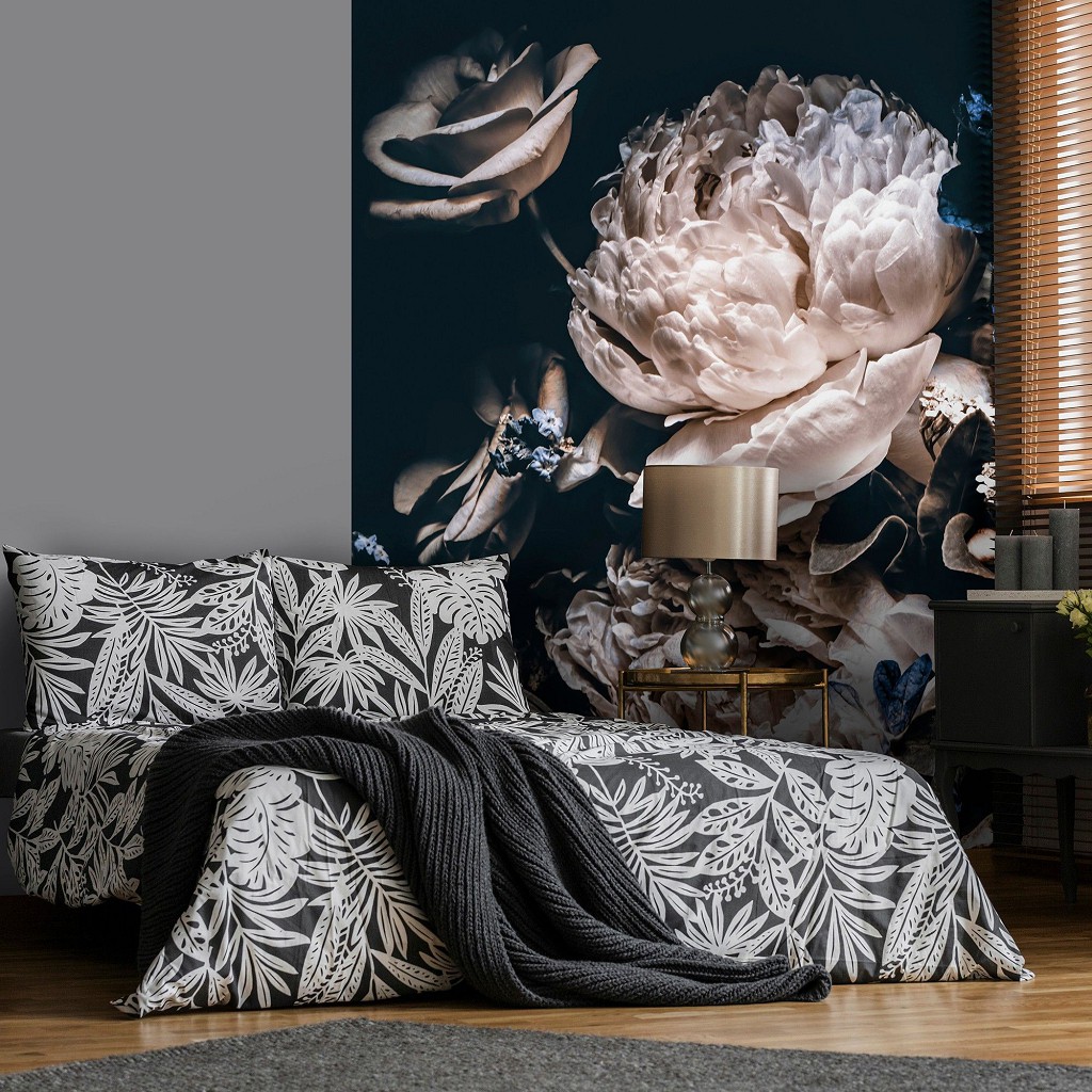 Флизелиновые фотообои 3D Цветы Пионы Розы 184 x 254 см Изумительный букет на черном фоне (13524V4A)+клей