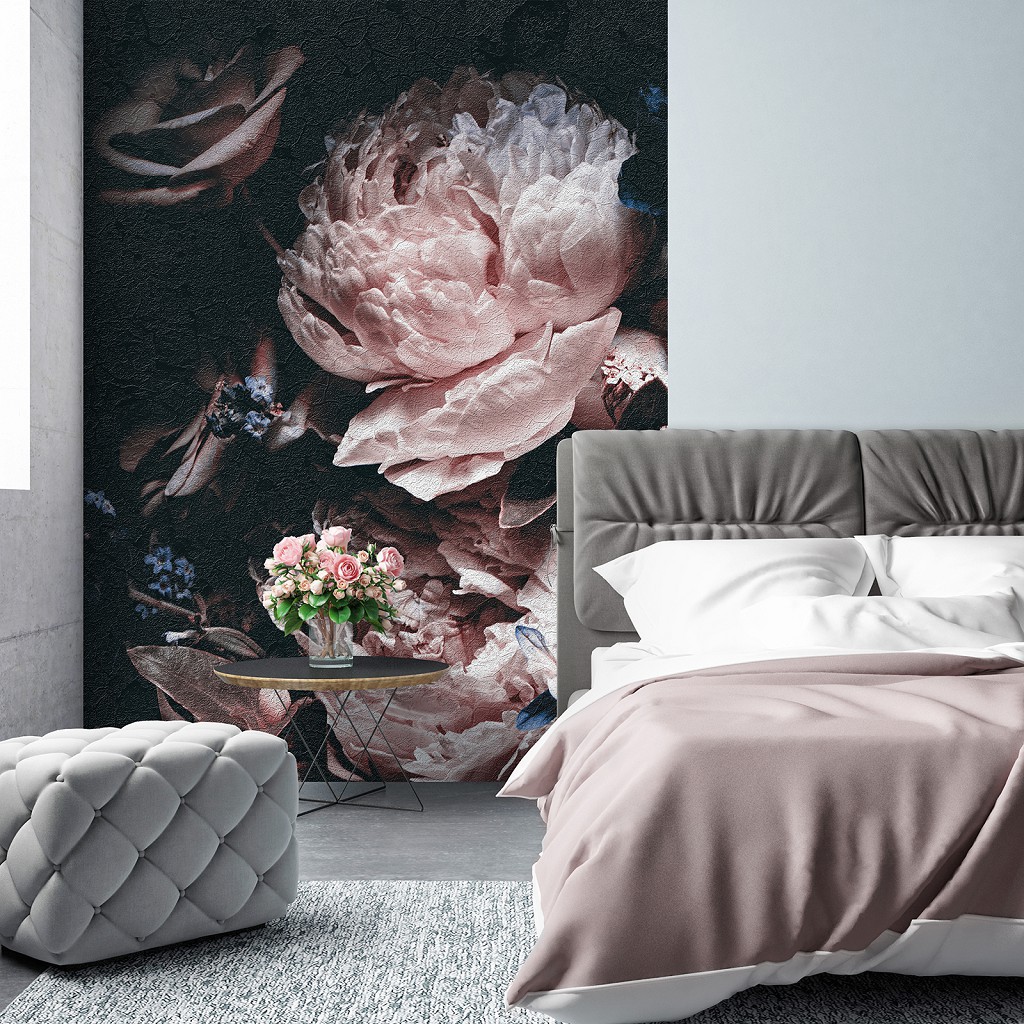 Флізелінові фотошпалери 3D Троянди Півонії 184x254 см Вінтажні квіти на чорному тлі (13525V4A)+клей
