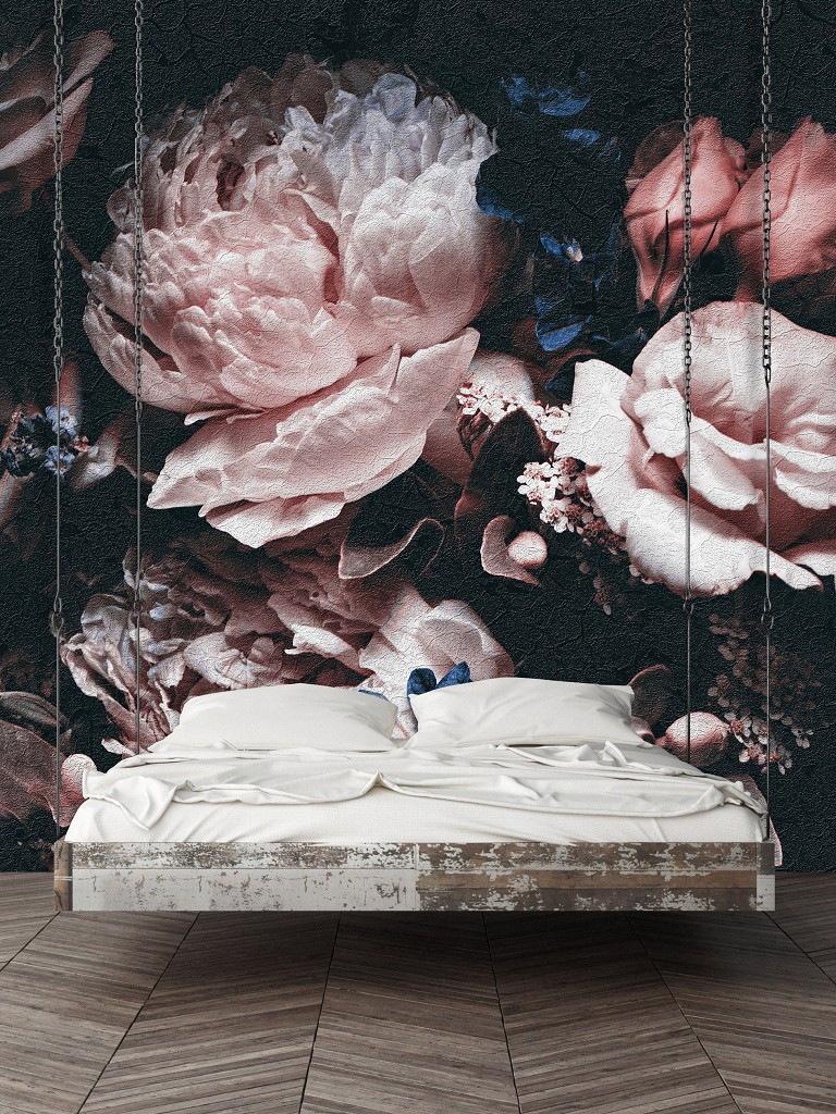 Флизелиновые фотообои 312x219 см Винтажные цветы на черном фоне (13525VEXXL) +клей