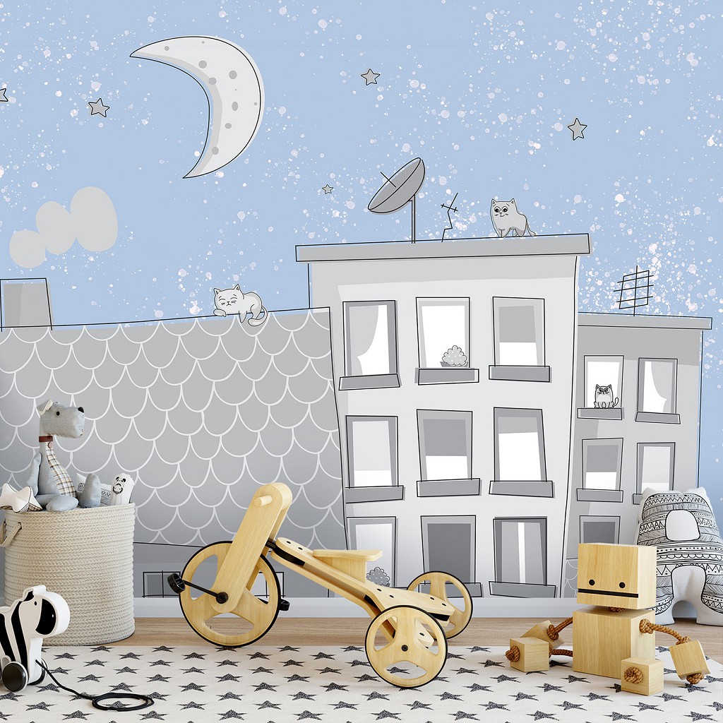 Флізелінові дитячі шпалери для маленьких будиночки 416x254 см Нічні кішки на дахах (13527VEXXXL) +клей