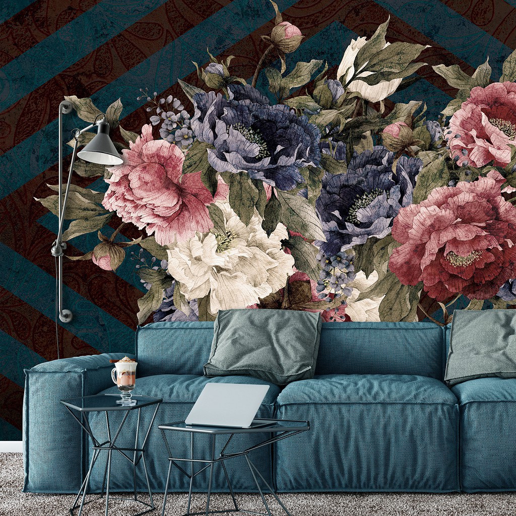 Флізелінові фотошпалери для спальні 254 x 184 см Букет яскравих квітів на темному тлі (13542V4)+клей