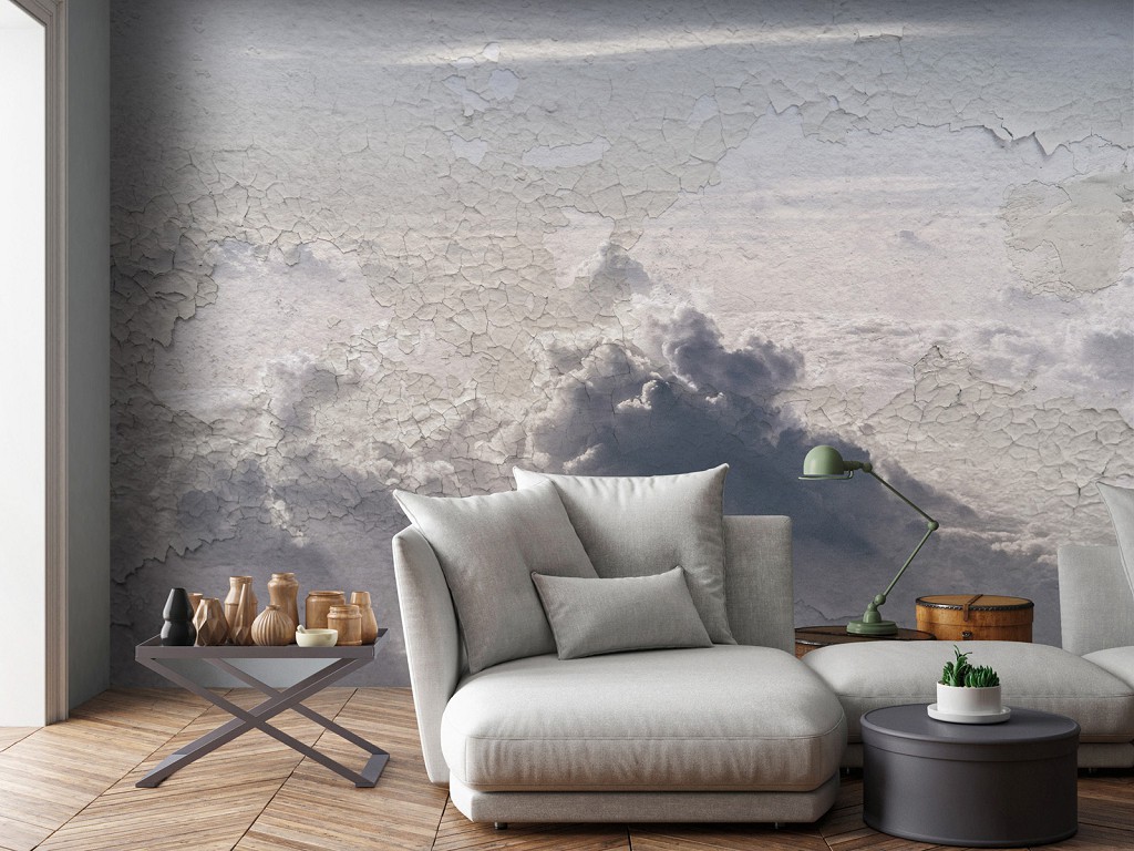 Винтажные флизелиновые фотообои 312x219 см Нарисованные облака на потрескавшейся стене (13548VEXXL) +клей