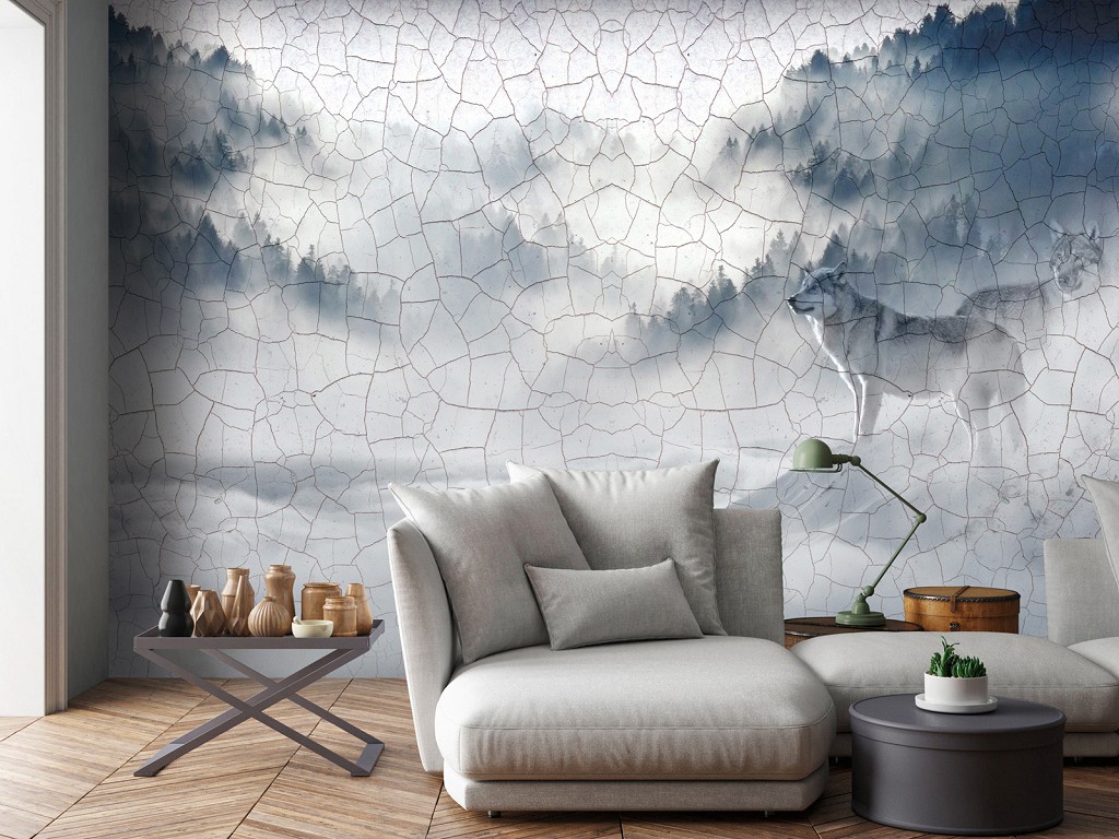 Природа животные флизелиновые фотообои 312x219 см Волки в тумане на потрескавшейся стене (13549VEXXL) +клей