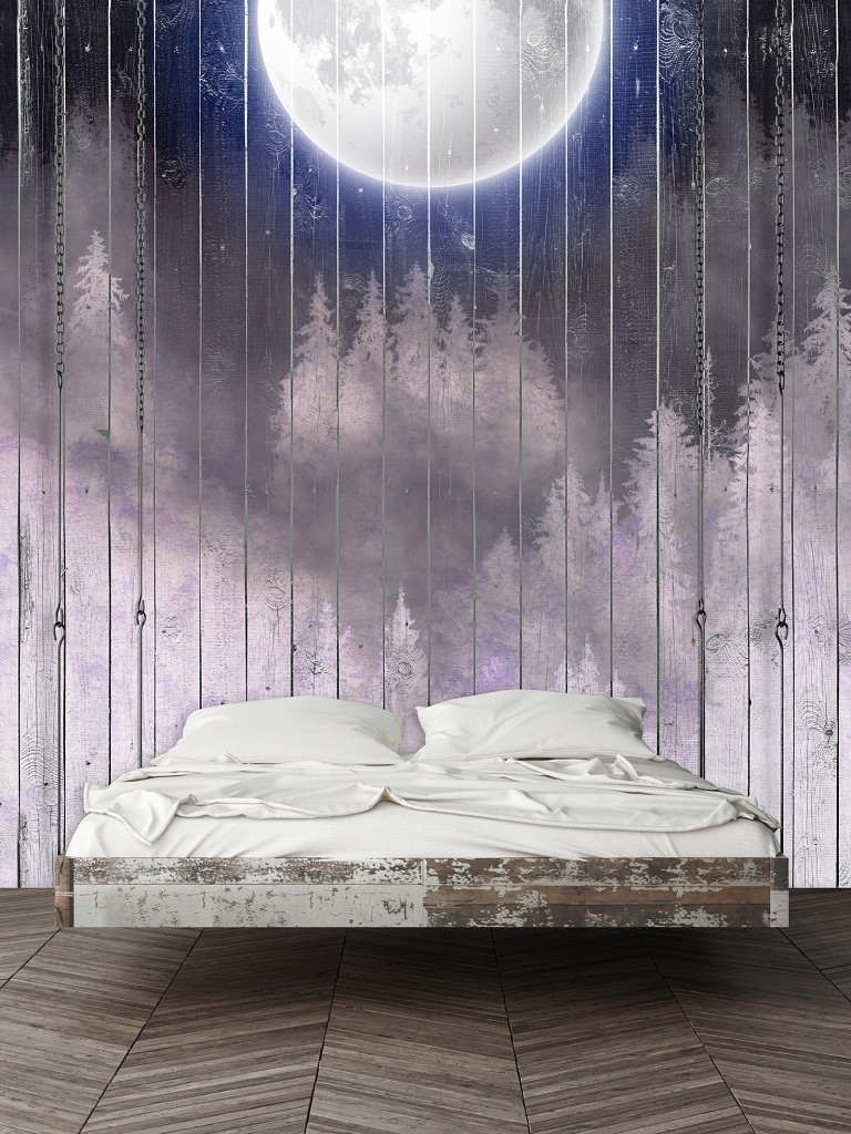 Флизелиновые фотообои Пейзажи - Луна над белым лесом на деревянных досках (13550V)+клей
