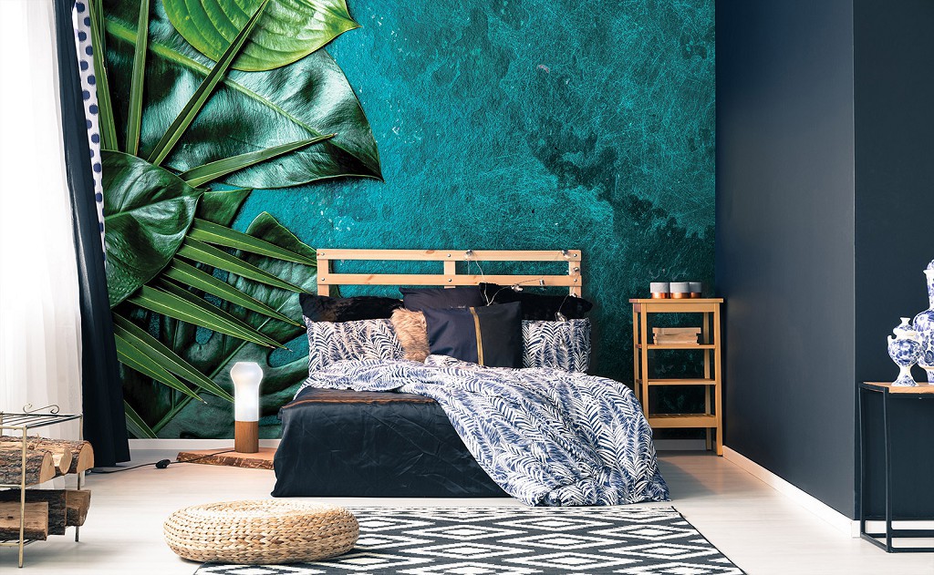 Флизелиновые фотообои растения 368 x 280 см Цветы - Листья на камне морского цвета (13551V10)+клей