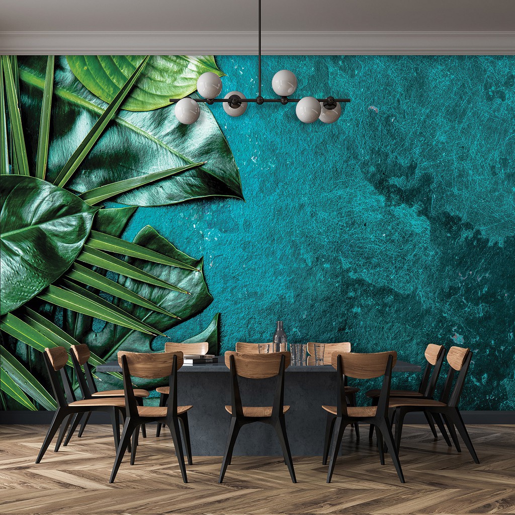 Красиві флізелінові фотошпалери на кухню 416x290 см Квіти - Листя на камені морського кольору (13551VEXXXXL)+клей