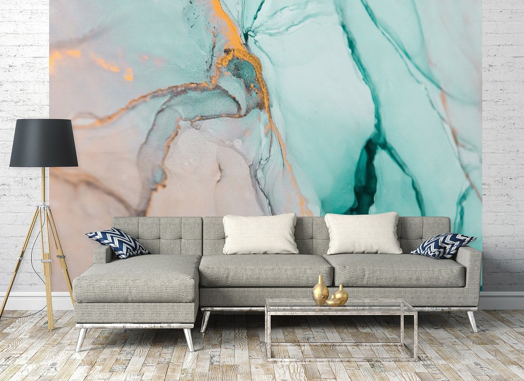 Флизелиновые фото обои абстракция на стену 416 x 254 см Акварельная структура Бирюзовый мрамор (13554VEXXXL)+клей