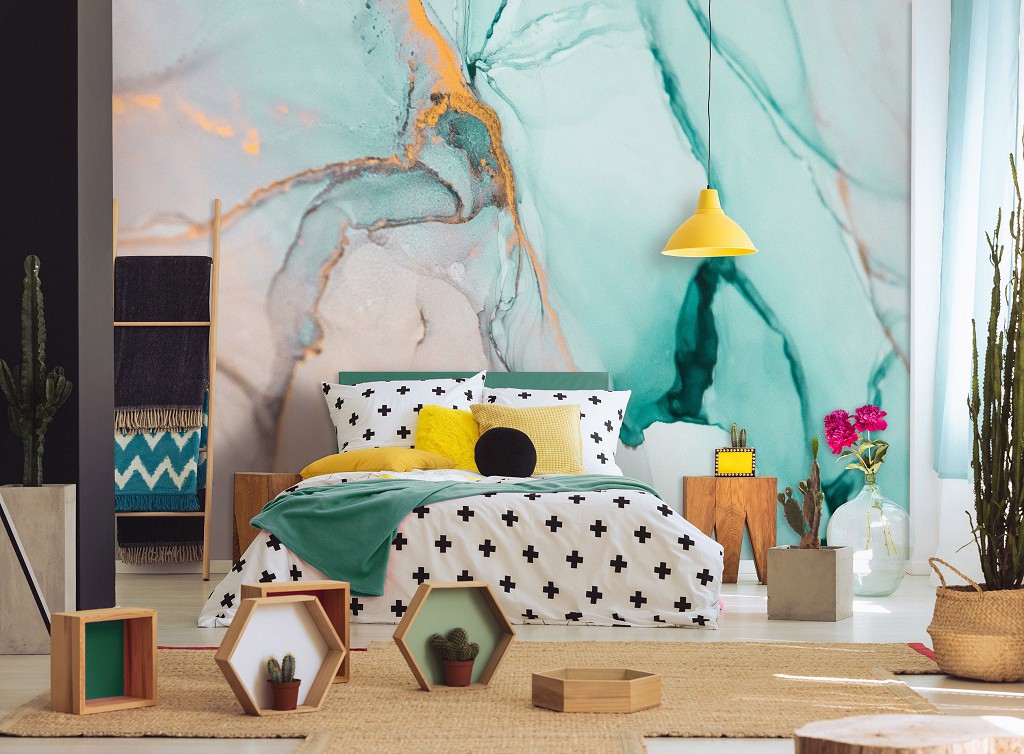 Популярные флизелиновые фотообои 416x290 см Современная акварельная структура Бирюзовый мрамор (13554VEXXXXL)+клей