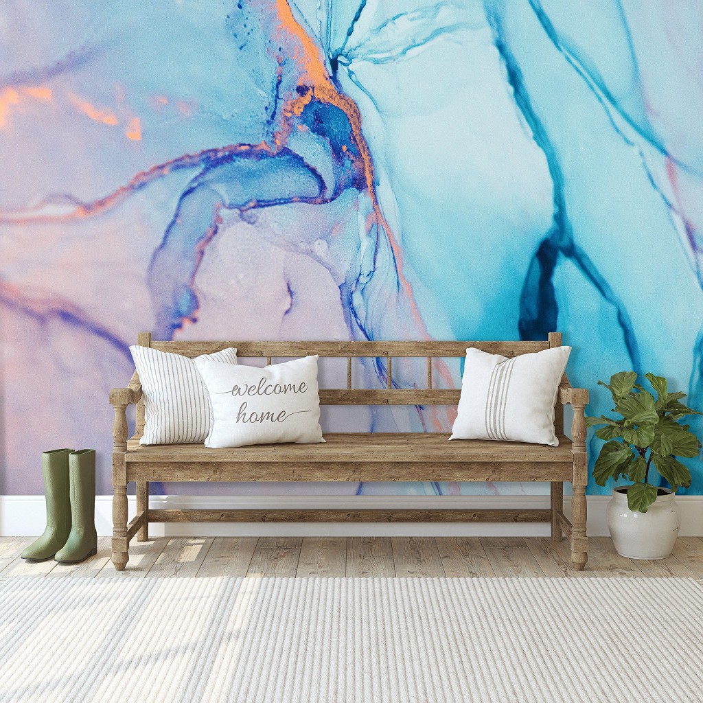 Флизелиновые фотообои в спальню над кроватью 368 x 254 см Акварельная структура Голубой мрамор (13555V8)+клей