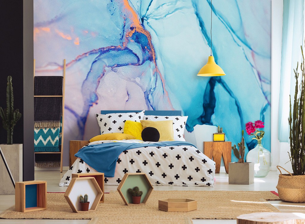 Флизелиновые фотообои абстрактные 416 x 254 см Современная акварельная структура Голубой мрамор (13555VEXXXL)+клей