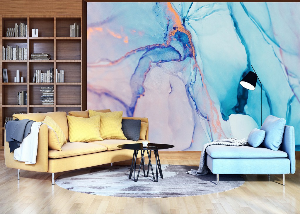 Флизелиновые красивые фото обои абстракция 254 x 184 см Современная акварельная структура Голубой мрамор (13555V4)+клей