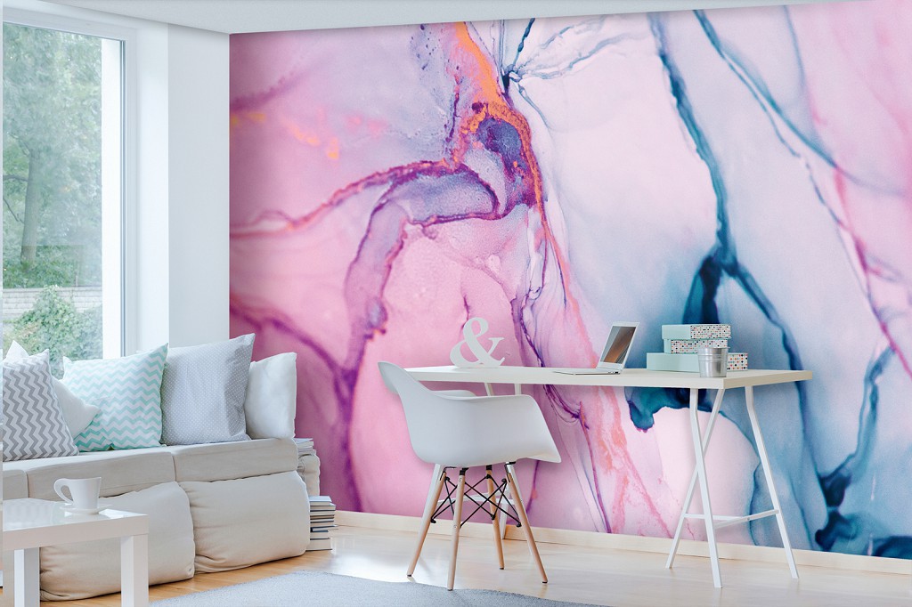 Рожеві флізелінові фотошпалери 312x219 см Сучасна акварельна структура мармур (13556VEXXL)+клей