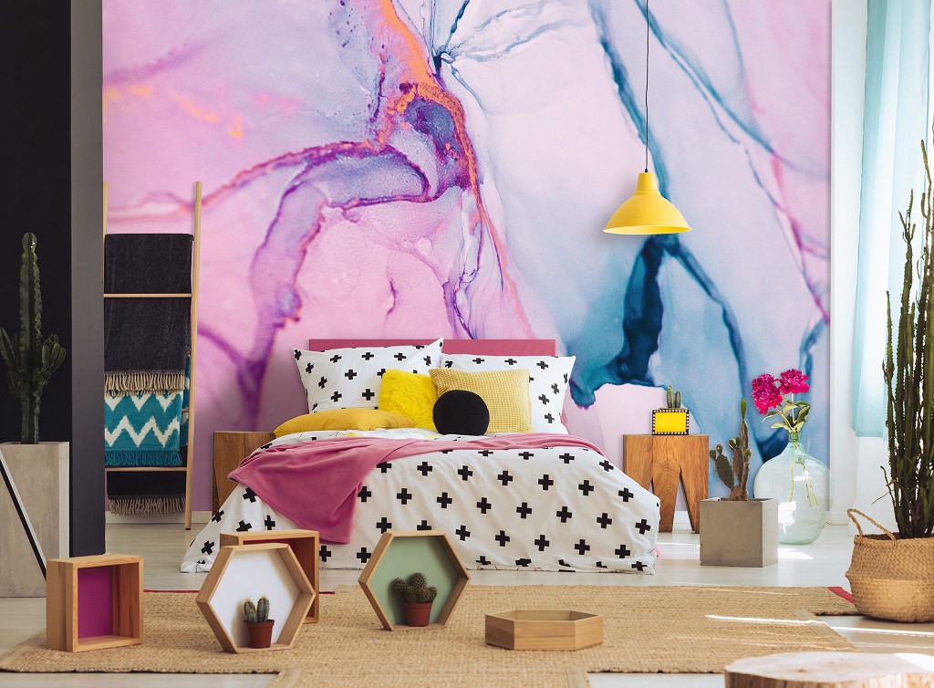 Флизелиновые фотообои для зала 416 x 254 см Современная акварельная структура Розовый мрамор (13556VEXXXL)+клей