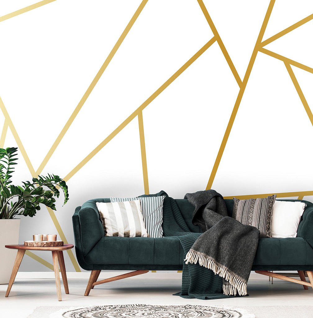 Флізелінові фотошпалери трикутники 368x280 см Золоті геометричні лінії (13558V10) +клей