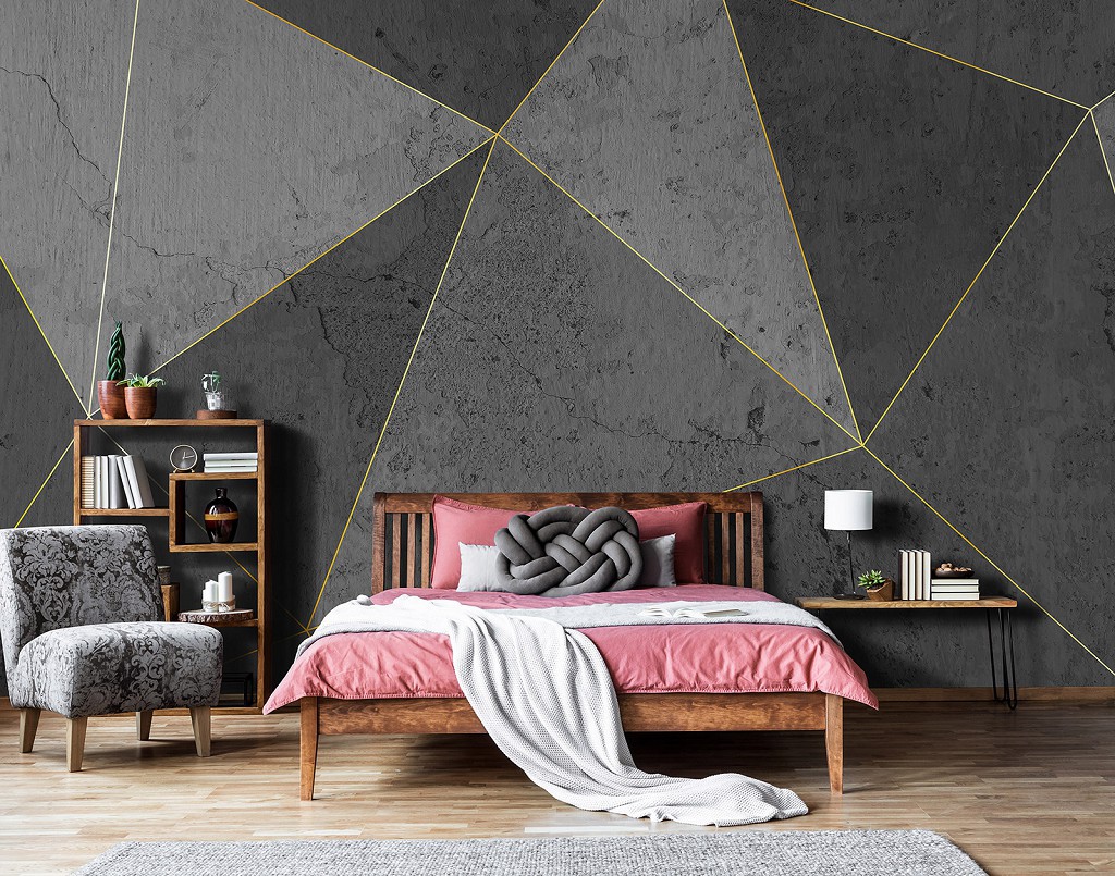Флизелиновые фотообои треугольники на стену 368x254 см Абстракция Структура Золотые линии на бетоне (13559V8)+клей