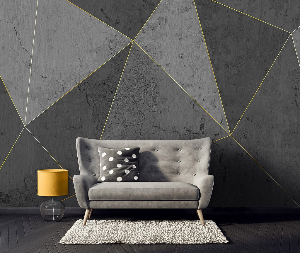 Флизелиновые фотообои 312 x 219 см Геометрические треугольники Золотые линии на бетоне (13559VEXXL)+клей