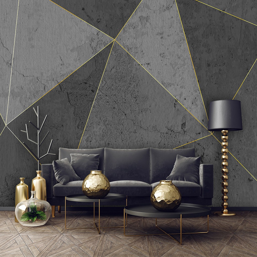 Флизелиновые фотообои в треугольники 368 x 280 см Абстракция Структура Золотые линии на бетоне (13559V10)+клей