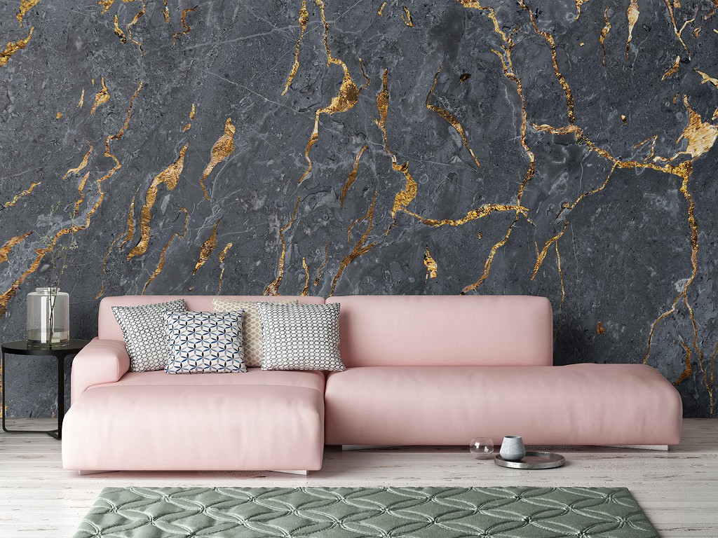 Мраморные флизелиновые фотообои 368 x 254 см Золотые прожилки на черном камне (13560V8)+клей
