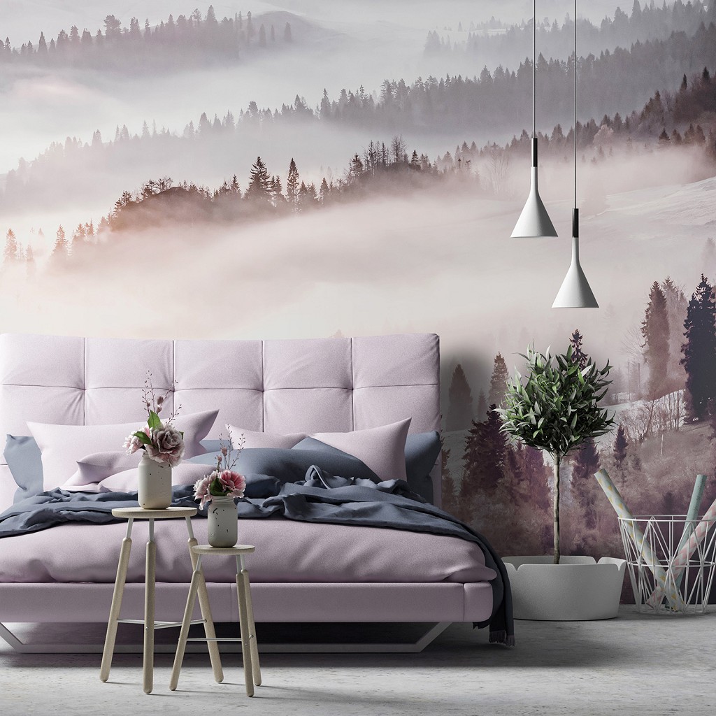 Флизелиновые фотообои Горы Пейзаж - Лес под белым туманом (13573V)+клей