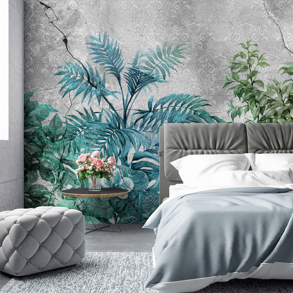 Флізелінові фотошпалери листя 368x254 см Квіти – зелені рослини на бетонній стіні (13576V8)+клей