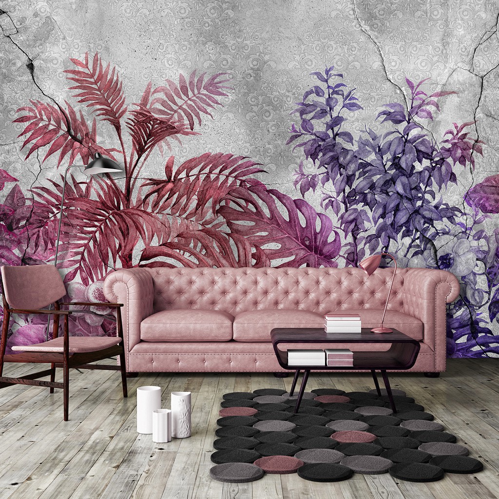 Флізелінові фотошпалери 368x254 см Квіти - Рожеві рослини на бетонній стіні (13577V8)+клей