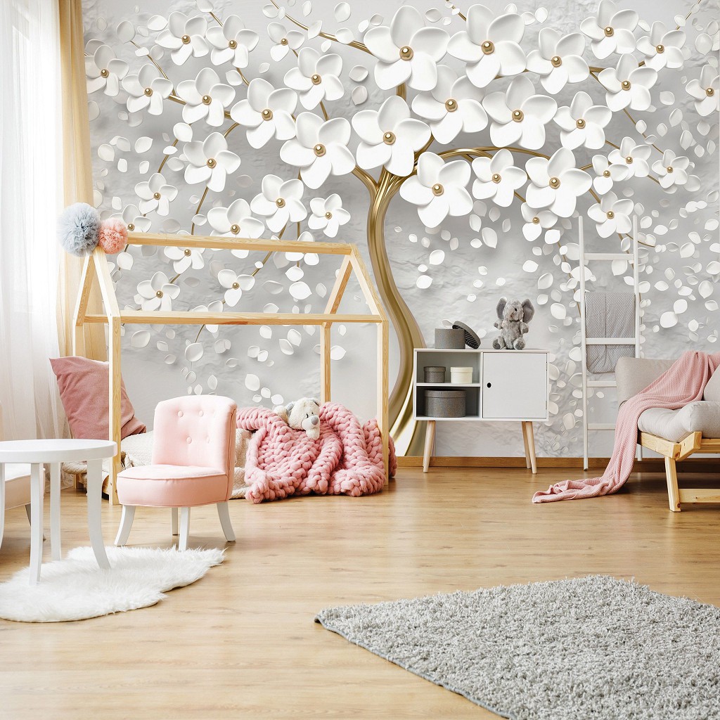 Флізелінові фото шпалери абстракція в інтер'єрі 368 x 280 см 3D Золоте дерево з білими квітами (13589V10)+клей