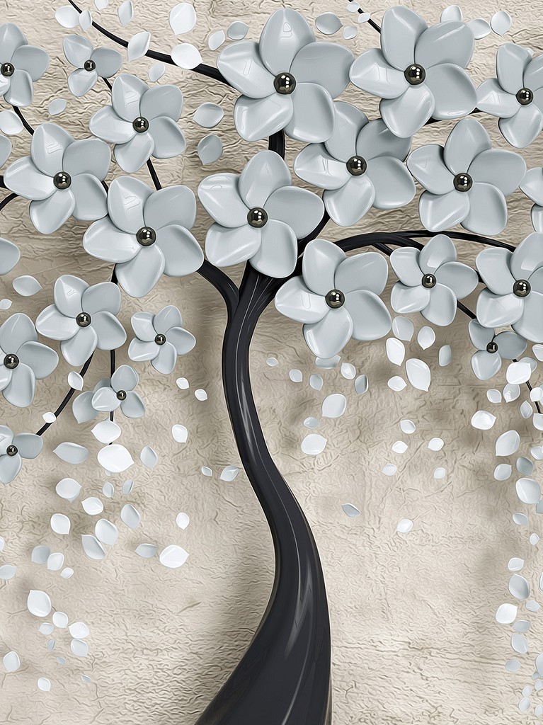 3D Флізелінові фото шпалери 206 x 275 см Чорне дерево з сірими квітами (13590VEA)+клей