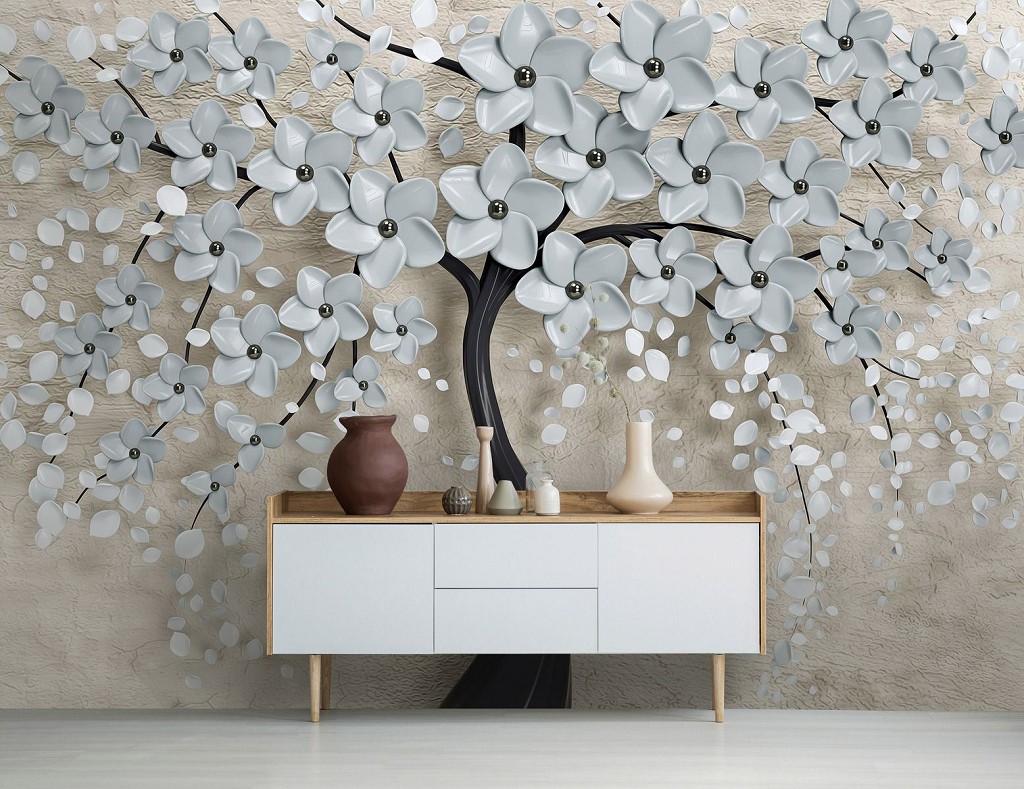 3D Флизелиновые фотообои цветы 416 x 254 см Черное дерево с серыми цветами (13590VEXXXL)+клей