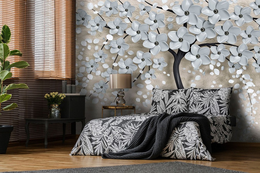 3D Флизелиновые фото обои на стену 416 x 290 см Черное дерево с серыми цветами (13590VEXXXXL)+клей