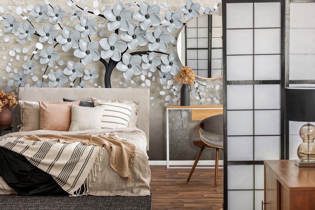 Флізелінові фото шпалери 520x318 см 3D чорне дерево з сірими квітами (13590VEXXXXXL)+клей