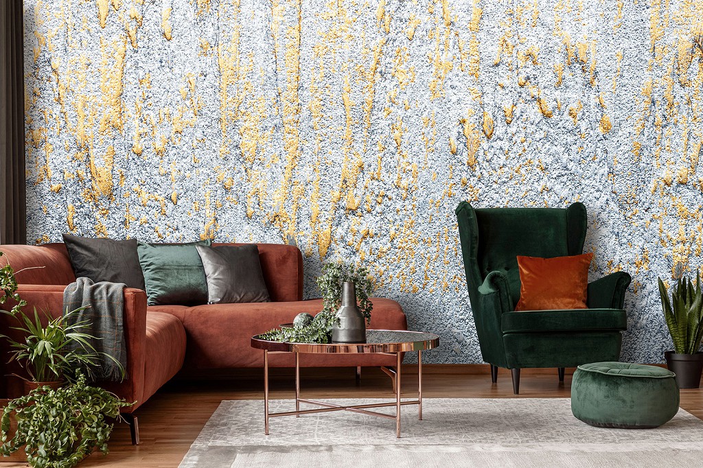 Флізелінові фотошпалери абстракція в інтер'єрі 416x290 см Золота та срібна штукатурка (13591VEXXXXL) +клей