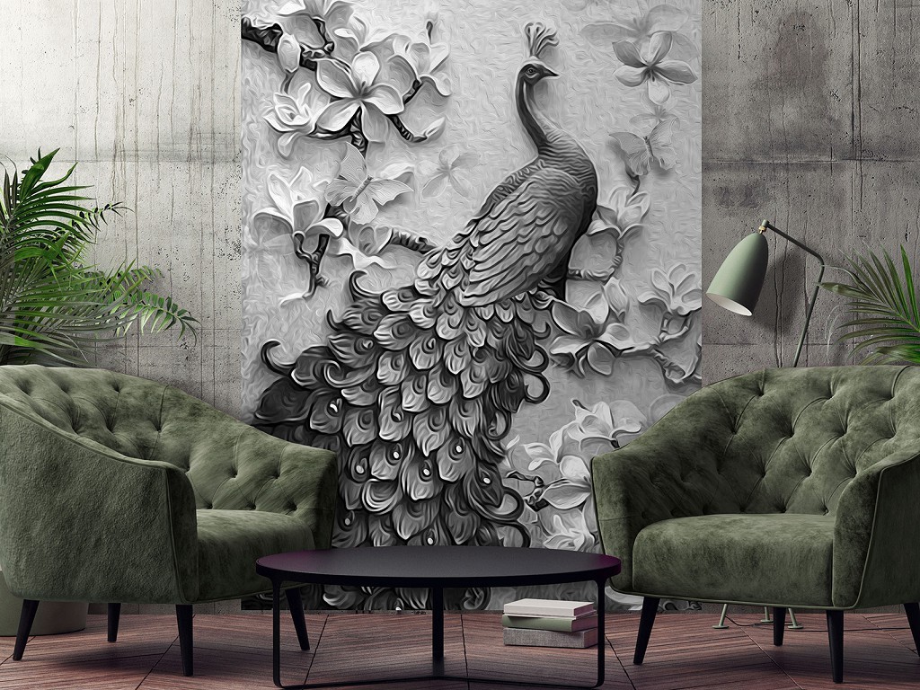 Флизелиновые фото обои с цветами 206 x 275 см Птицы - Черно-белый павлин (13594VEA)+клей