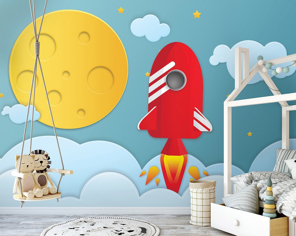 Флизелиновые фото обои в комнату космос 254 x 184 см Детские - Ракета и луна (13606V4)+клей