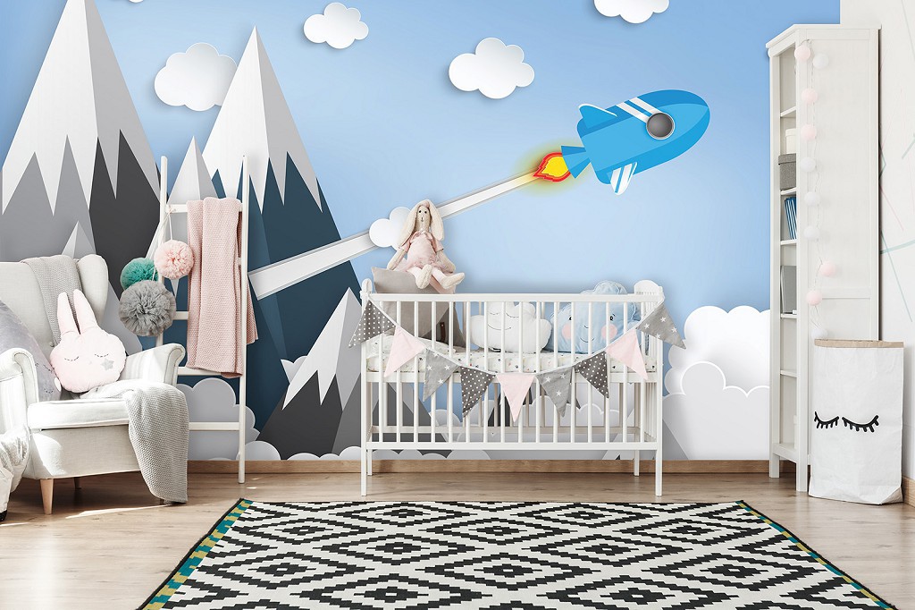 Флізелінові фотошпалери для дитячої 520x318 см Космічна подорож Ракета над горами та хмарами (13608VEXXXXXL)+клей