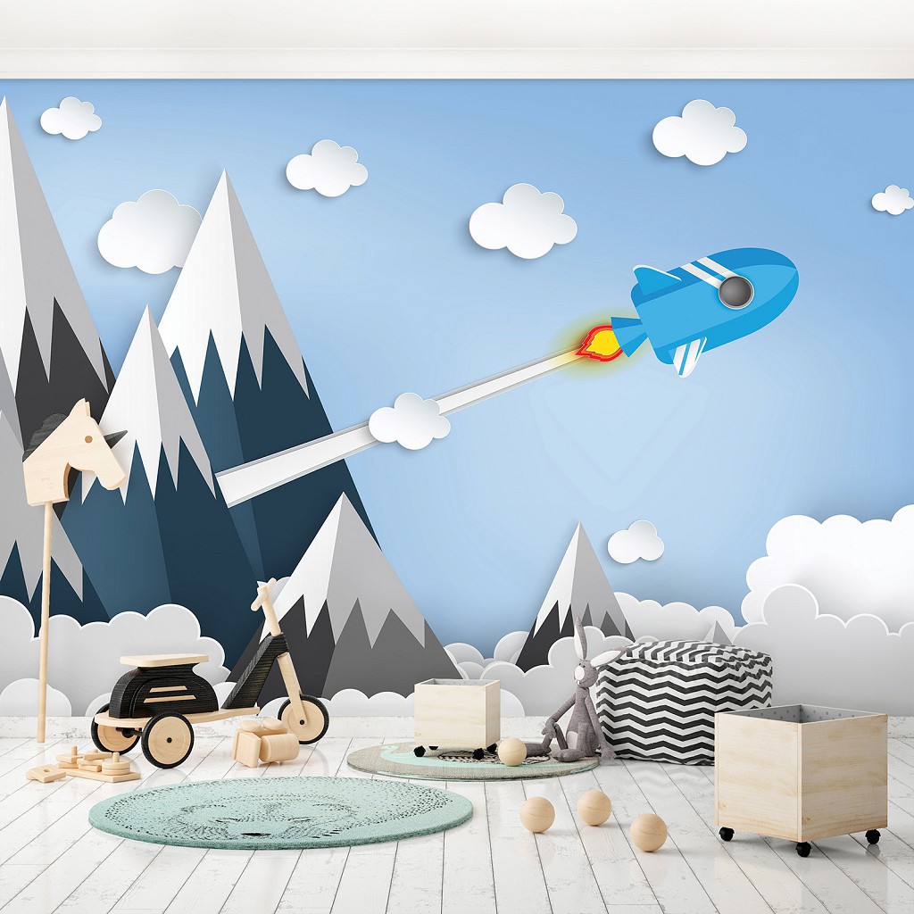 Флізелінові фотошпалери гори 416x290 см Дитячі - Космічна подорож Ракета над хмарами (13608VEXXXXL)+клей