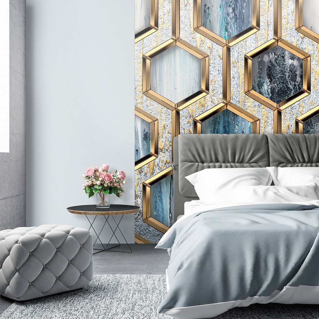 Флізелін - геометрія на фото шпалерах 206 x 275 см Абстракція Соти - Гламурні золоті шестикутники (13611VEA)+клей