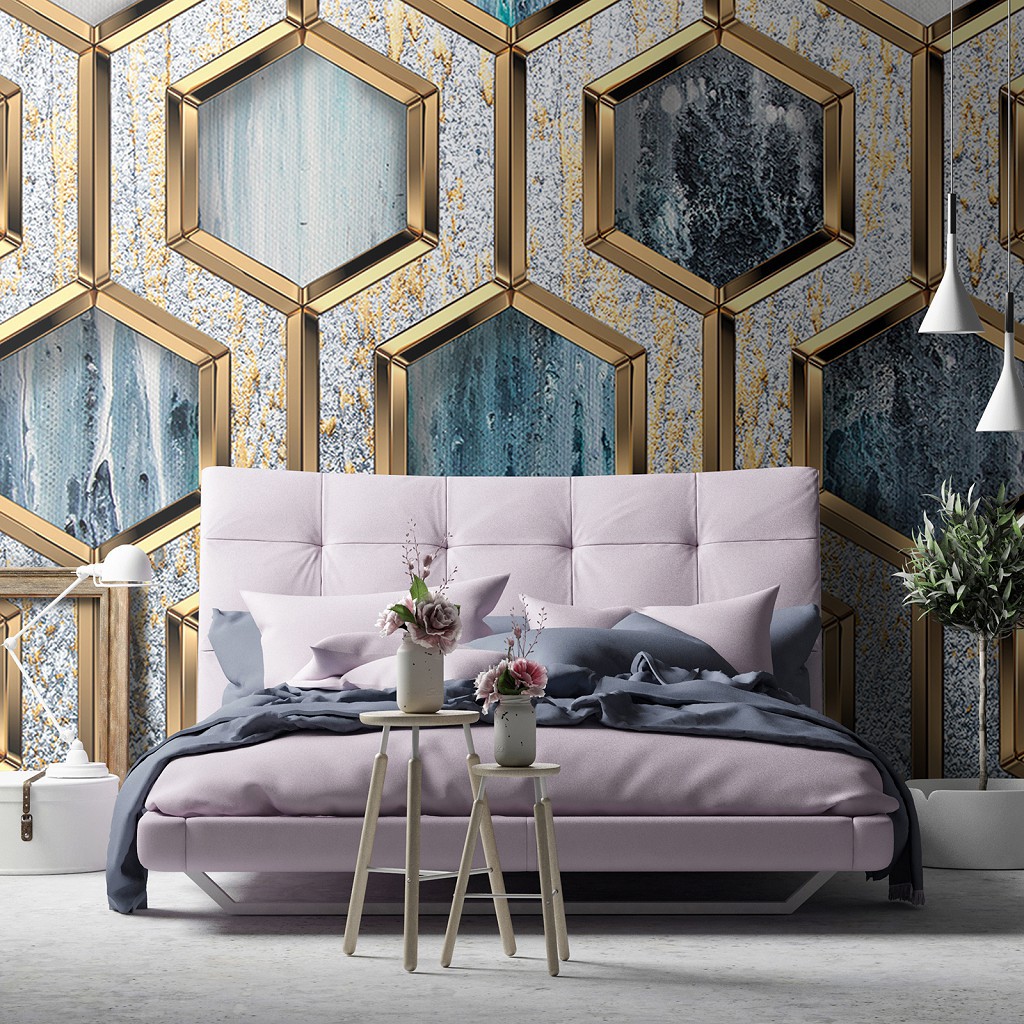 Фотообои флизелиновые 460 x 300 см Абстракция Соты - Гламурные золотые шестиугольники (13611V12)+клей