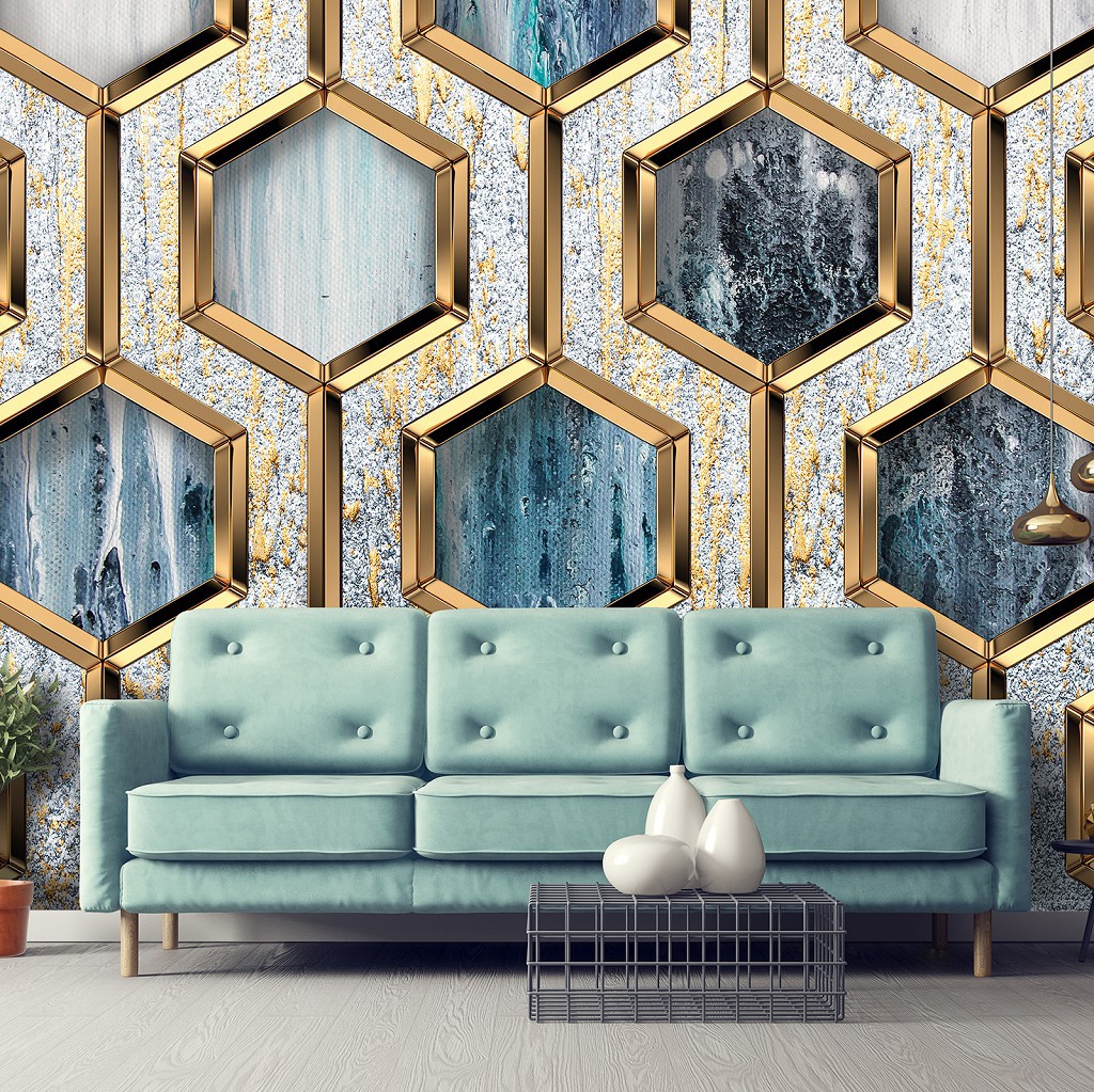 Фотошпалери флізелінові 368 x 280 см Абстракція Соти - Гламурні золоті шестикутники (13611V10)+клей