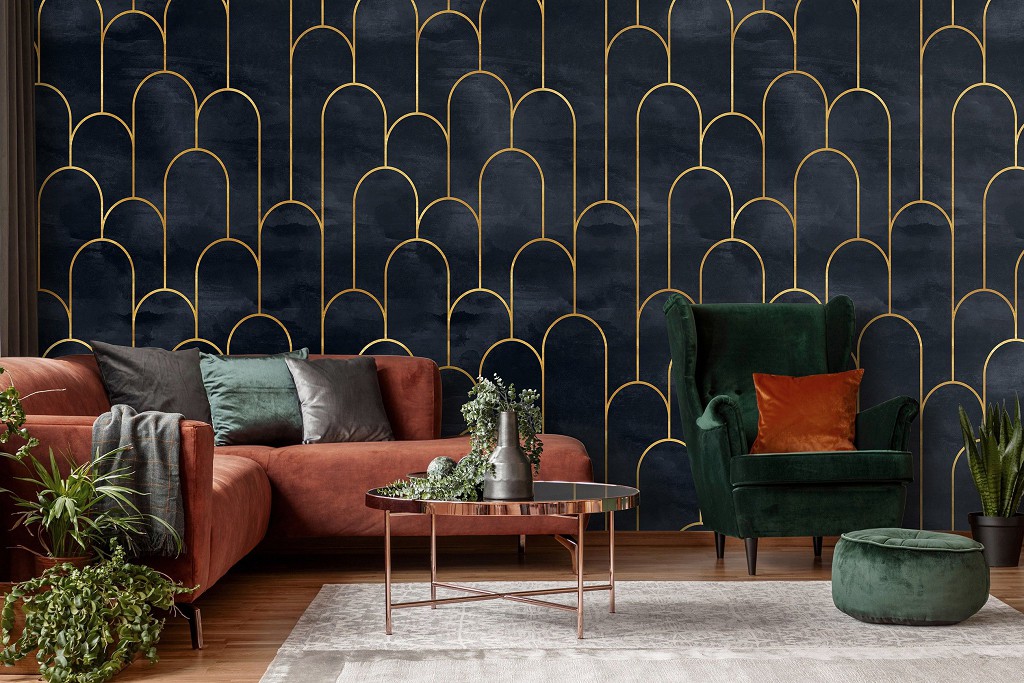 Флізелінові фотошпалери абстракція Стиль арт-деко Гламур 254 x 184 см Золотий мотив на чорному камені (13616V4)+клей