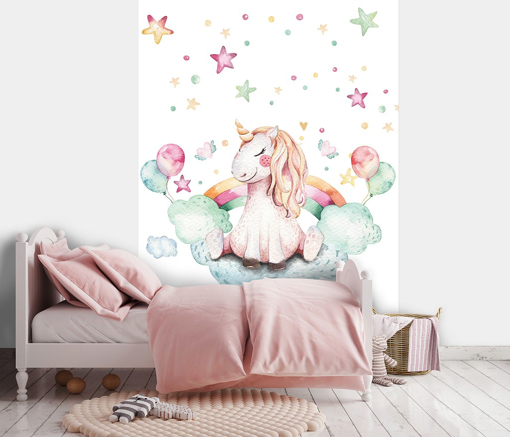 Флізелінові дитячі фото шпалери для стін 206x275 см Пастель Акварель Для маленької дівчинки Єдиноріг на хмаринці (13632VEA)+клей