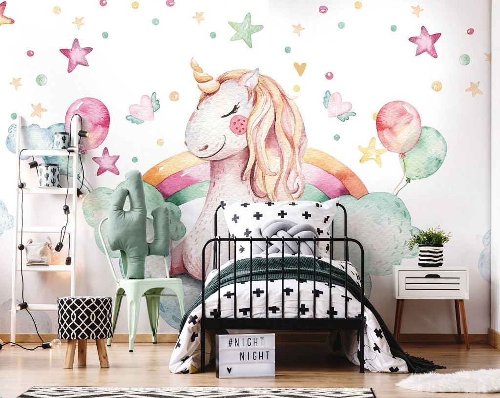 Флизелиновые фотообои в детскую 416x290 см Акварель Для маленькой девочки Единорог на облачке (13632VEXXXXL)+клей