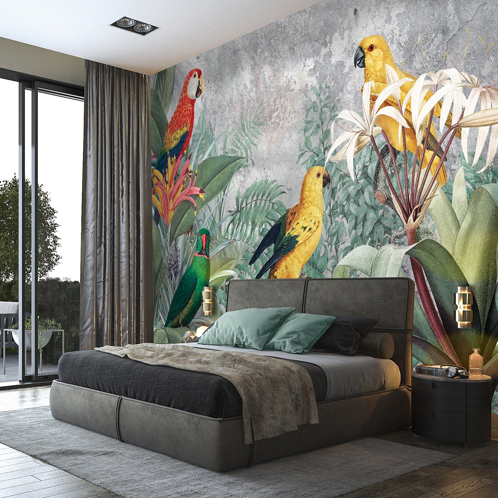 Флізелінові фотошпалери птахи 416x254 см Природа Екзотичні листя та папуги на бетоні (13646VEXXXL) +клей