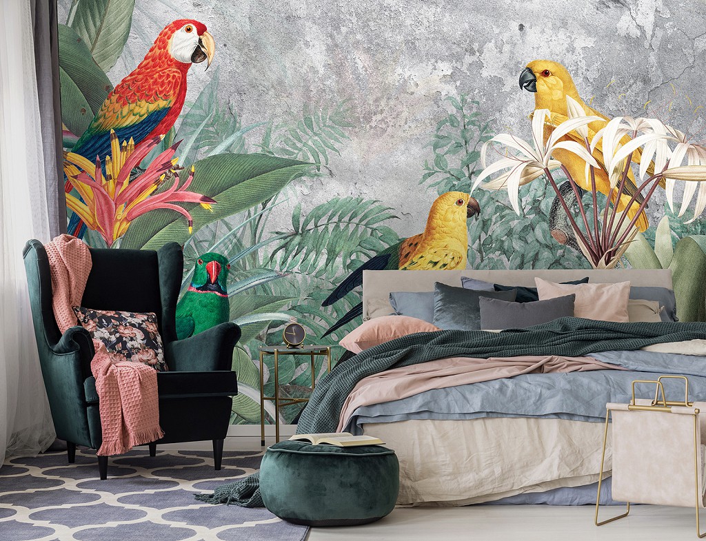 Флизелиновые фотообои птицы на стену 368x254 см Природа Экзотические листья и попугаи на бетоне (13646V8) +клей