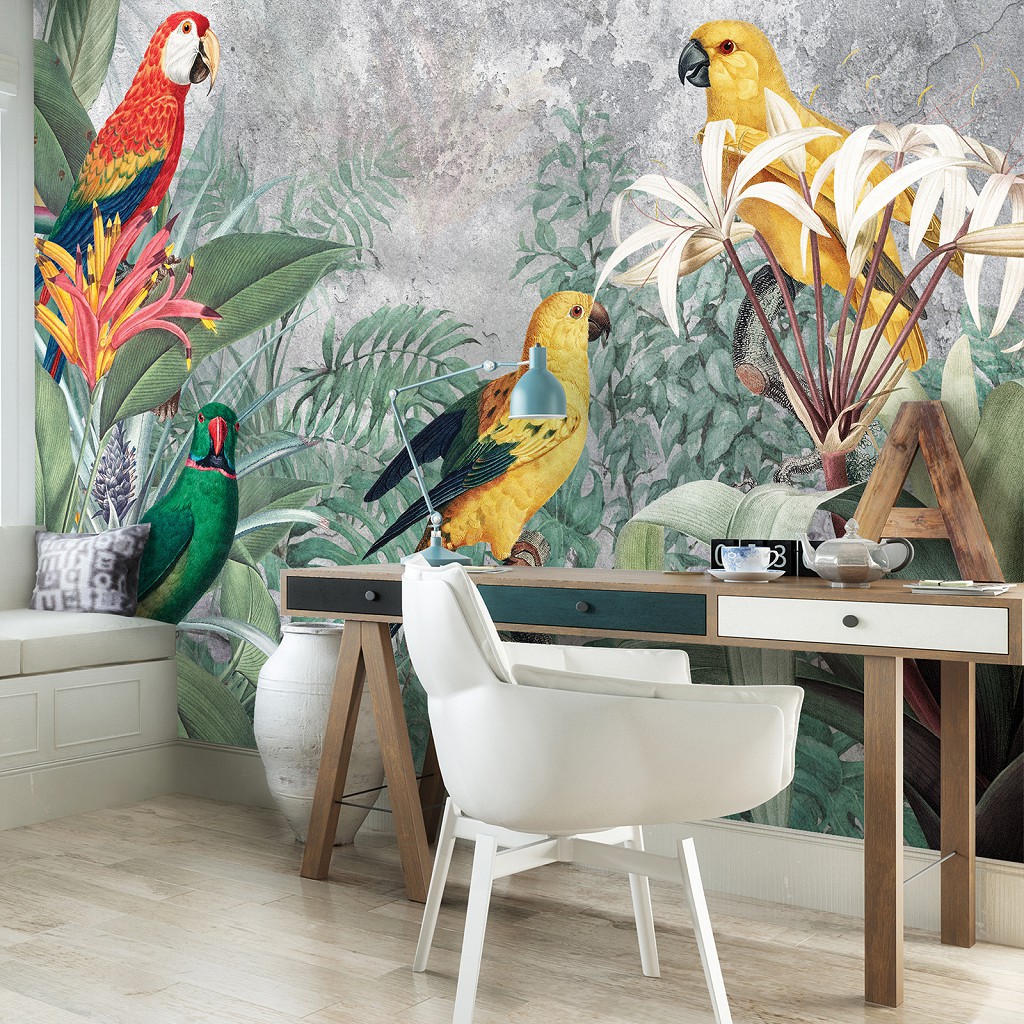 Флізелінові фотошпалери Природа Екзотичні листя та папуги на бетоні (13646V)+клей