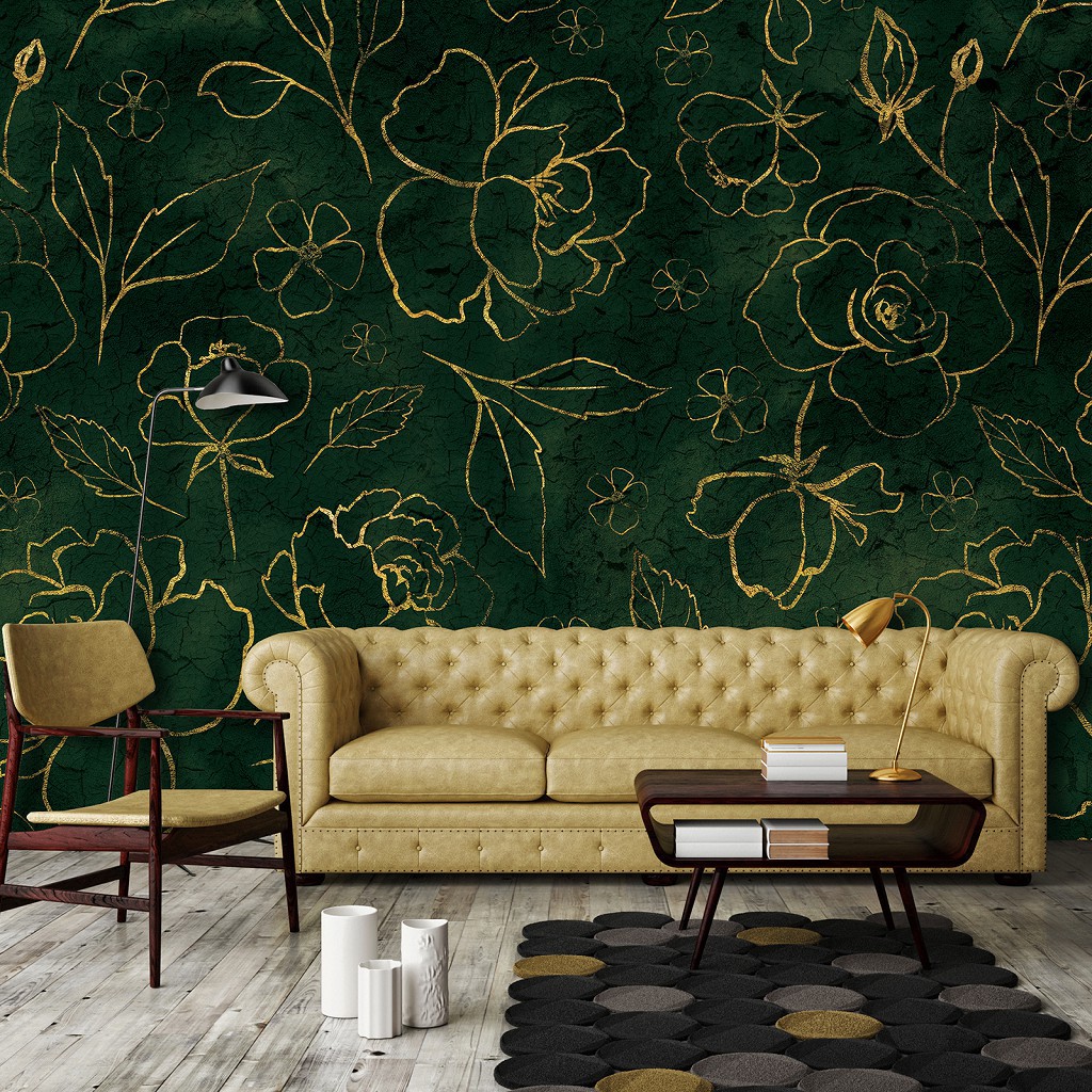 Флизелиновые фотообои растительные 416 x 254 см Цветы - Золотые розы на зеленом фоне (13650VEXXXL)+клей